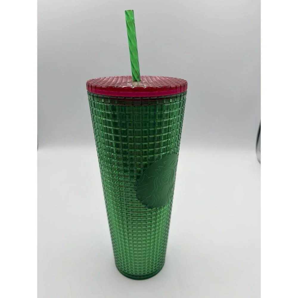 Starbucks Green Textured Cold Cup Tumbler 24 oz Reusable w/ Straw
